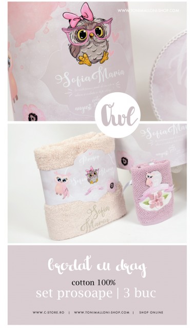 Trusou de botez brodat cu bufnite si anemone pentru fete, Bufnita Petrecareata 1